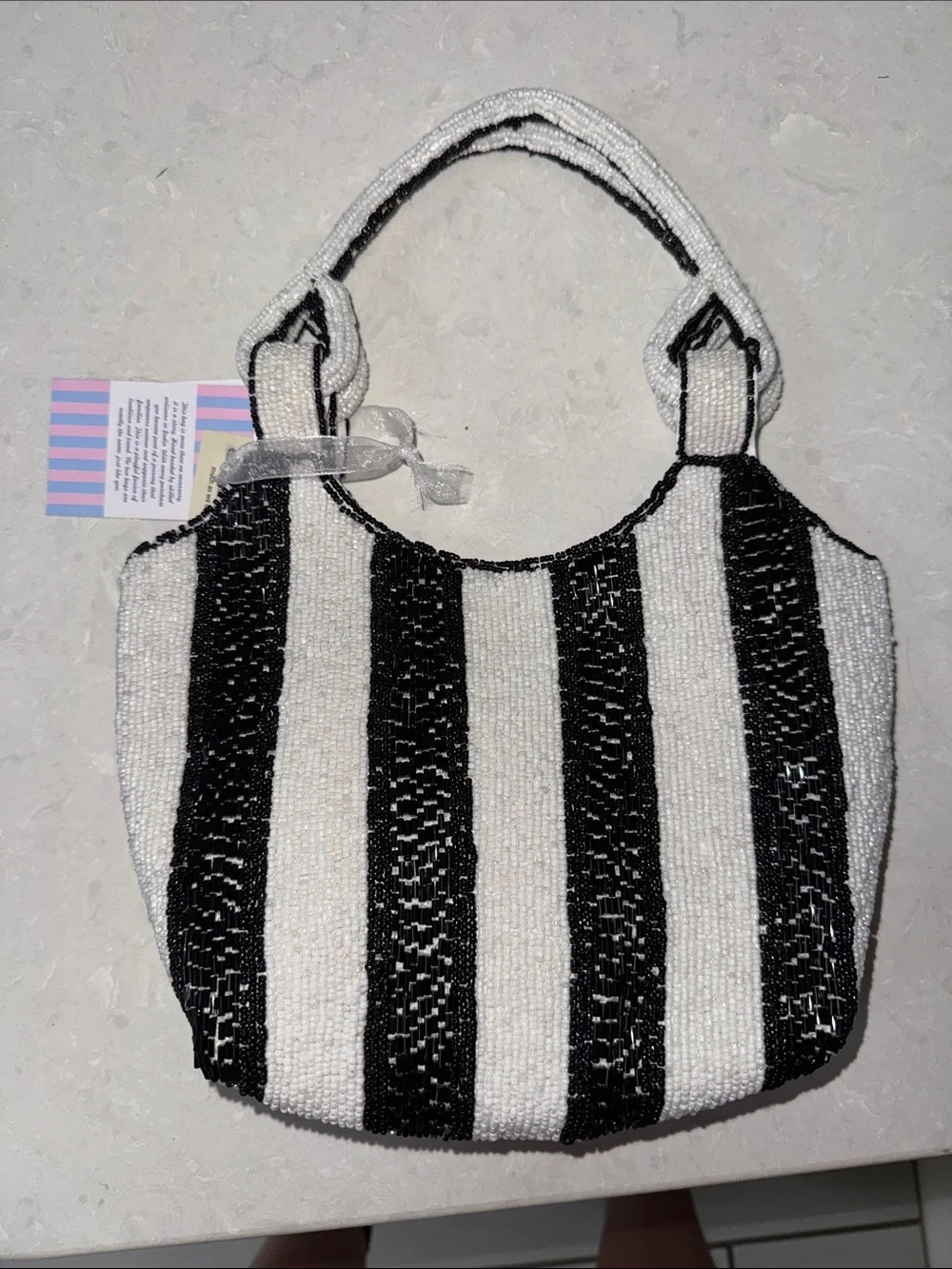 Hand-Beaded Black & White Stripe Women's Tote